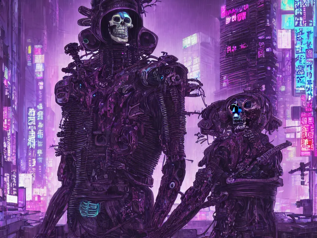 Image similar to high detailed dead android skull samurai in a cyberpunk rainy city at night by Josan Gonzalez, purple and blue neons, unreal engine, high quality, 4K, UHD, trending on ArtStation, wires, blade runner vibes, ghost in the shell, akira, dorohedoro