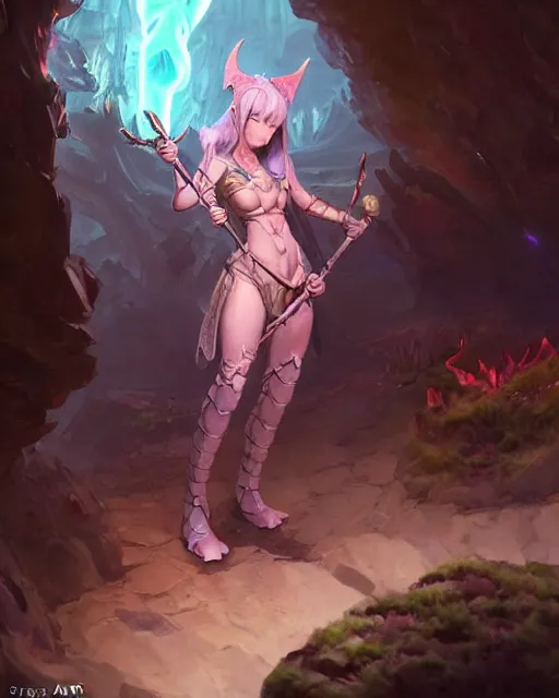 Image similar to concept art of a dragon girl hybrid, wearing tight medival armour, in a dark cave surrounded by bioluminescent mushrooms | | cute - fine - fine details by stanley artgerm lau, wlop, rossdraws, james jean, andrei riabovitchev, marc simonetti, and sakimichan, trending on artstation