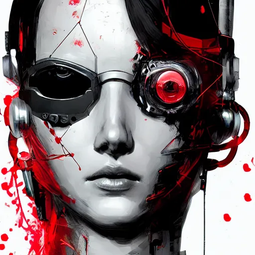 Prompt: highly detailed portrait of a post-cyberpunk robotic young lady with wired cybernetic face modifications, robotic panels, by Akihiko Yoshida, Greg Tocchini, Greg Rutkowski, Cliff Chiang, 4k resolution, persona 5 inspired, vibrant red, black and white color scheme with sparking stray wiring
