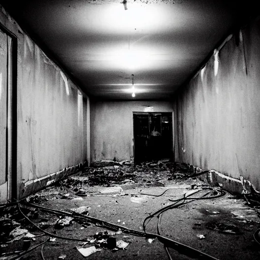 Image similar to two men in black, looking at a black hole in the dark grimy grungy basement of an abandoned apartment block, wires, cables, grainy black and white photography, 2 0 mm lens