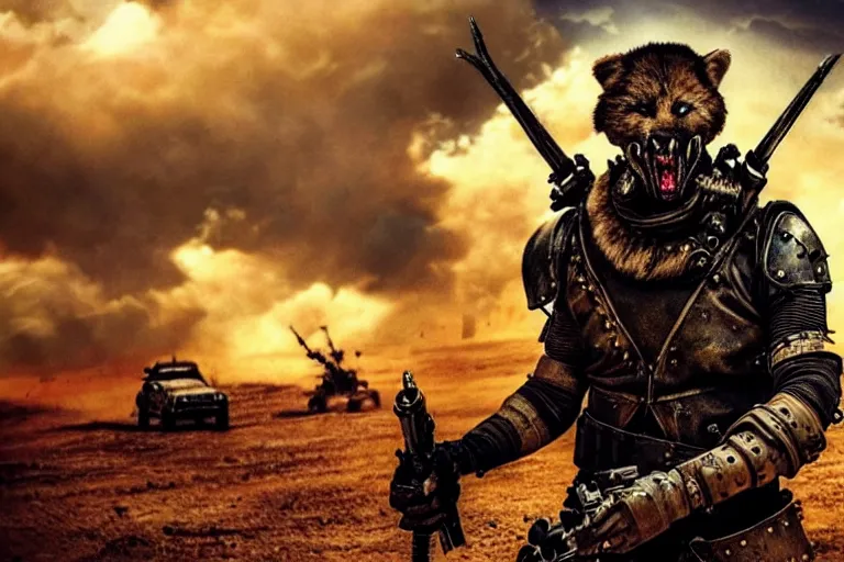 Image similar to a fursona ( from the furry fandom ), heavily armed and armored facing down armageddon in a dark and gritty version from the makers of mad max : fury road. witness me.