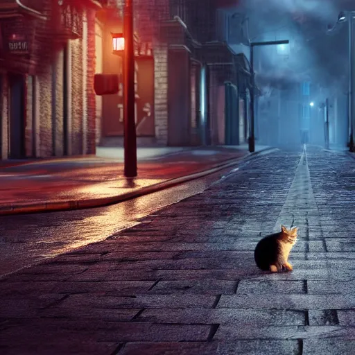 Image similar to kitten sits in the empty street on a rainy day, led lights around the place, digital painting, ultra detailed, unreal engine 5,