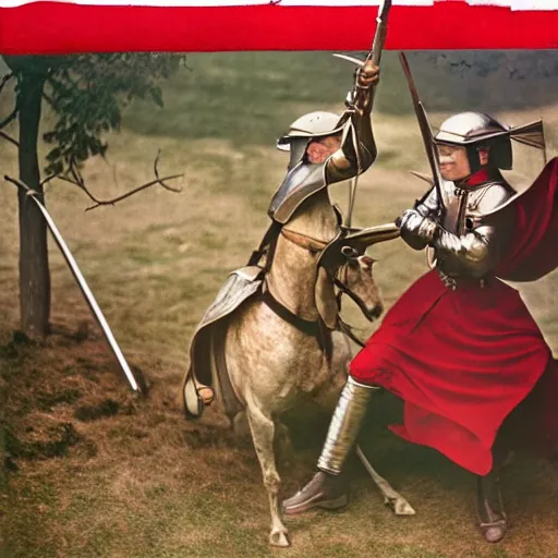 Image similar to Joan of Arc fighting an English Redcoat soldier, colour war photography by Annie Leibovitz