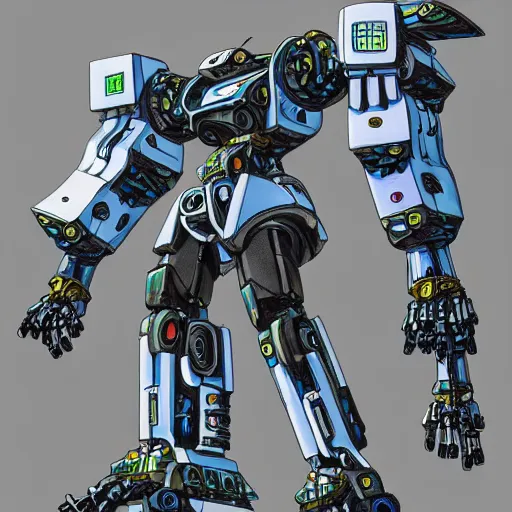 Image similar to Detailed technical drawings of robotic mecha warrior, highly detailed blueprints, 4K resolution, octane render, cyberpunk mecha warrior technical drawings, detailed parts diagram,