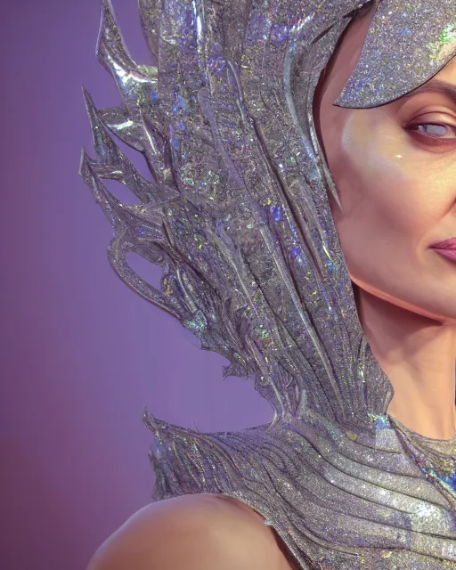 Prompt: a highly detailed metahuman 8 k close up render of angelina jolie renaissance in iris van herpen dress schiaparelli in diamonds crystals swarovski and jewelry iridescent in style of alphonse mucha gustav klimt trending on artstation made in unreal engine 4