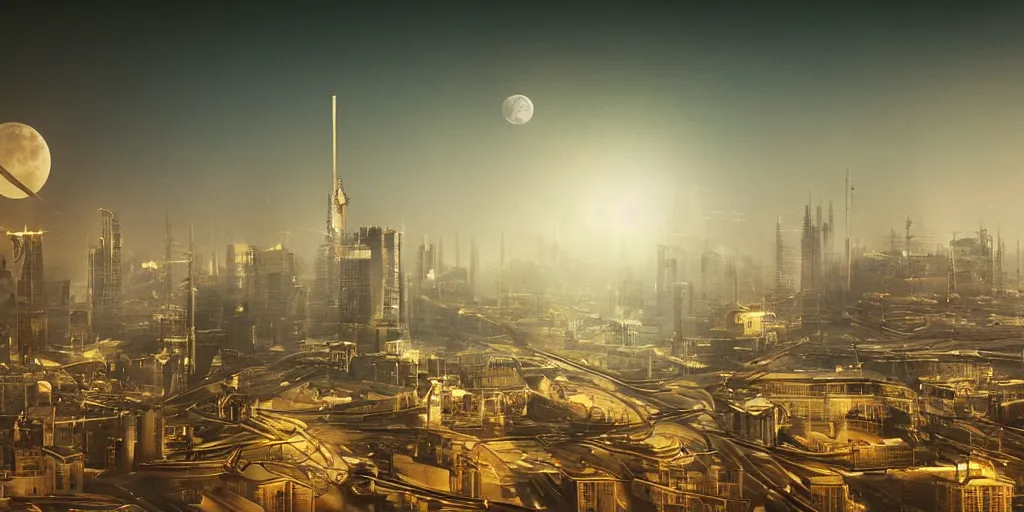 Image similar to cinematic shot of a cityscape futuristic saint petersburg city in the moon, russian orbit city, telephoto, golden mood, iconic scene from the paranoid thriller sci fi film directed by stanley kubrick, anamorphic cinematography, beautiful composition, color theory, leading lines, photorealistic, moody volumetric lighting