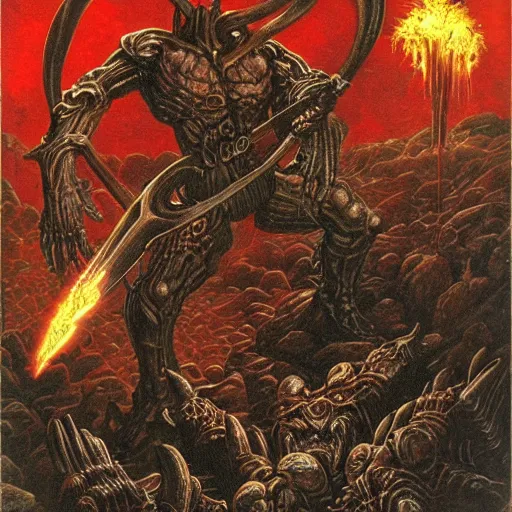 prompthunt: doom!! ( 1 9 9 4 ) classic cyberdemon!!! horns, volcan  cannon!!!, art by gustave dore, anotation, blueprint