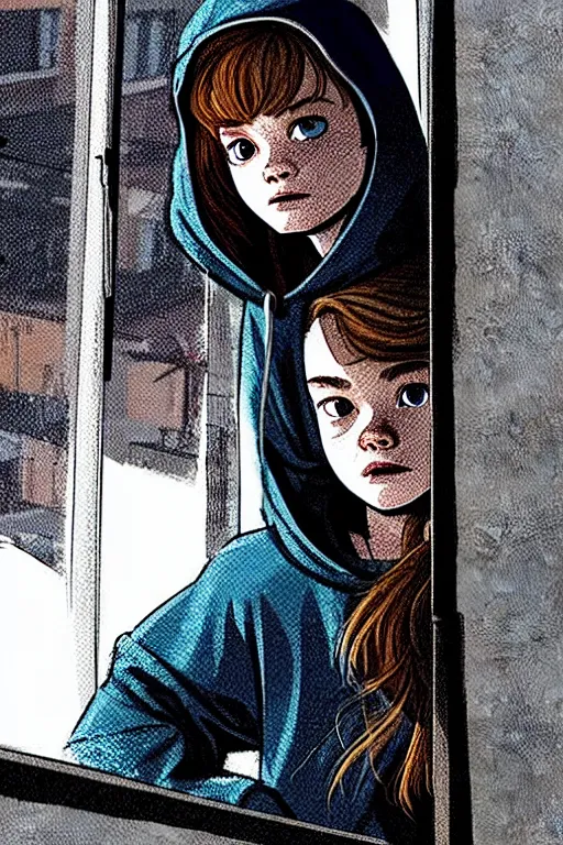 Prompt: outdoors : sadie sink peter parker in hoodie sits on windowsill, knees tucked in | rain falls at night : storyboard, scifi cyberpunk. by gabriel hardman, joe alves, chris bonura. cinematic atmosphere, detailed and intricate, perfect anatomy