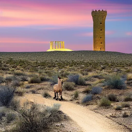 Prompt: desert at night filled with centaurs, tall white tower in the background, HD,