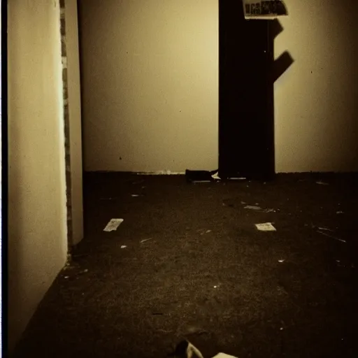 Image similar to Photograph of an abandoned 1940s liminal space, creepy mannequin standing in corner, dark, no lights, moist, taken using a film camera with 35mm expired film, bright camera flash enabled, award winning photograph, creepy, liminal space