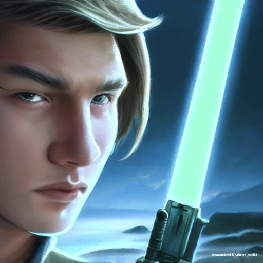Image similar to a young male jedi with short dark blonde hair standing still looking at the sunset concept art by Doug Chiang cinematic, realistic painting, high definition, concept art, portait image, path tracing, serene landscape, high quality, highly detailed, 8K, soft colors, warm colors, turbulent sea, high coherence, anatomically correct, hyperrealistic, concept art, defined face, five fingers, symmetrical