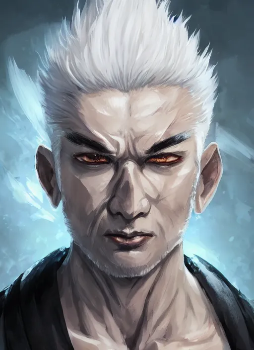 Image similar to a highly detailed illustration of white haired fierce asian man with short white hair parted down middle, wearing white kimono with black shirt, with black sclera eyes, heroically battle posing, muscular, intricate, elegant, highly detailed, centered, digital painting, artstation, concept art, smooth, sharp focus, league of legends concept art, WLOP