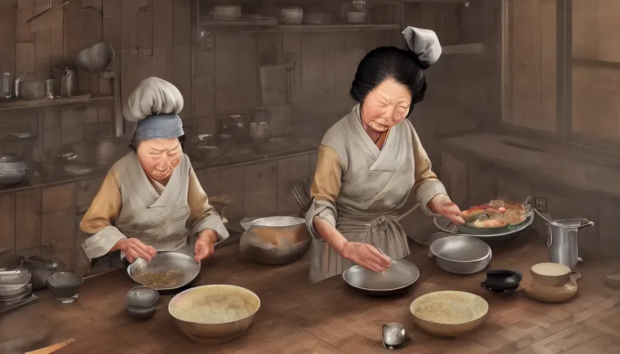 Prompt: old japanese lady cooking, old 1 8 0 0's kitchen, pan and plates, hyperdetailed, artstation, cgsociety, 8 k