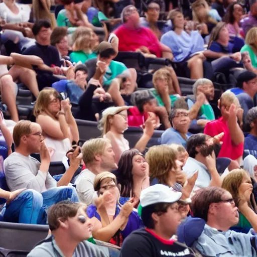 Image similar to audience at baseketball game looks upset, pointing, covering mouth