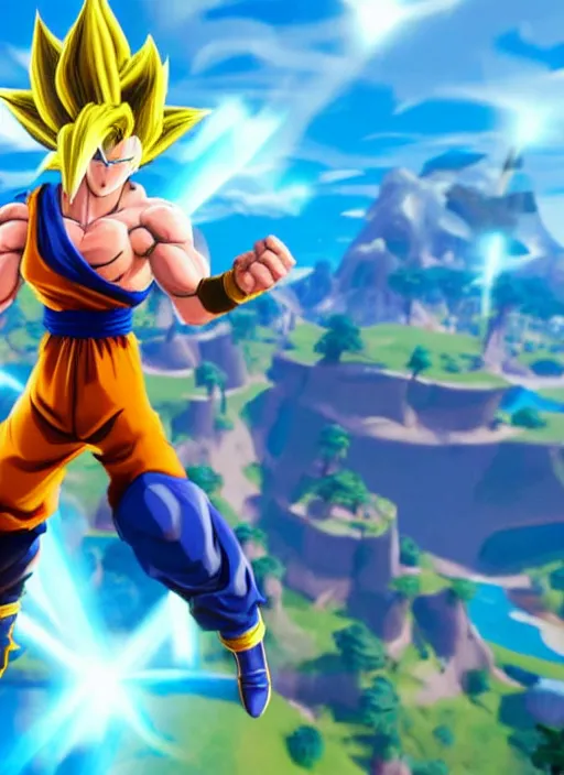 Image similar to game still of super sayan goku as a fortnite skin in fortnite.