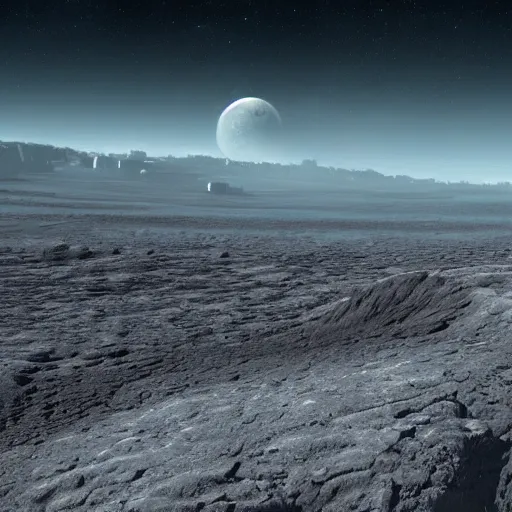 Prompt: sci-fi landscape realistic moonscape with city in distance, craters and harsh sunlight HD widescreen