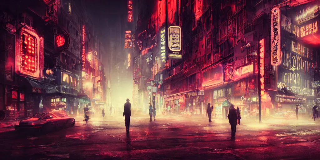 Prompt: fisheye lens shot of tech - noir dystopian city, streets, incandescent lights, neon signs, people walking, peter morbacher, ross tran, greg rutkowski, intricate details, extravagant, trending on artstation, cinematic lighting, digital painting, sharp focus, no blur, octane render, artgerm