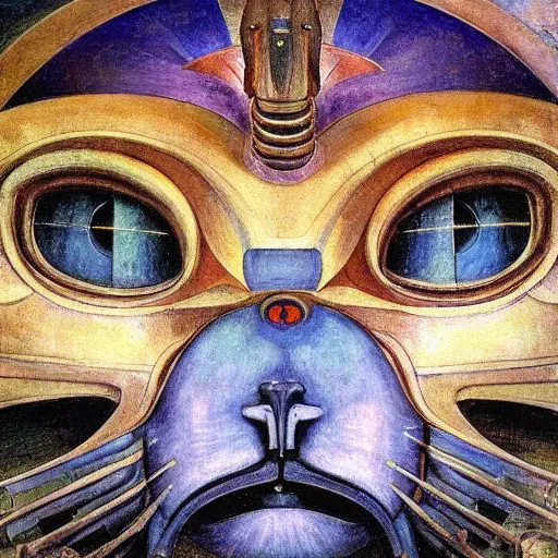 Image similar to masterpiece painting of a mechanical robot cat head, by annie swynnerton and diego rivera and nicholas roerich and jean delville, symbolist, dramatic lighting, god rays, elaborate geometric ornament, art brut, rich colors, smooth, sharp focus, extremely detailed, adolf wolfli and ( donato giancola )