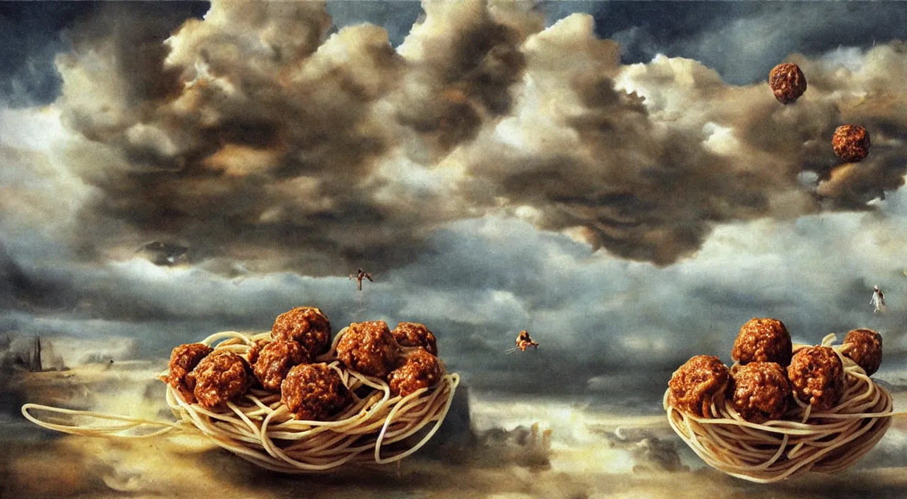 Image similar to spaghetti bolognesa with meatballs and hundred rusted perfect woman bodies flying in stormy clouds by dali, hyper - realism