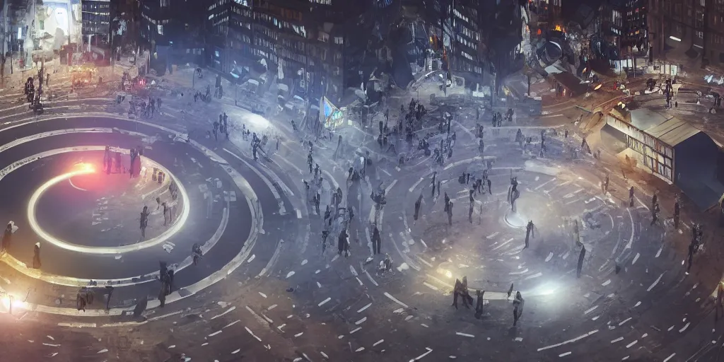 Image similar to policemen protect and guard a huge spiral - shaped luminous object right in the center of the city from protesting people, night, rain and light fog, professional lighting, concept art in 3 d, high detail, professional lighting