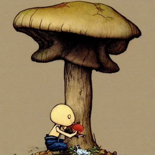 Prompt: lonely mushroom makes a friend, george kamitani, norman rockwell, dean cornwell, storybook illustration, arthur rackham, Artstation, Hyperdetailed, stylized, cel shading