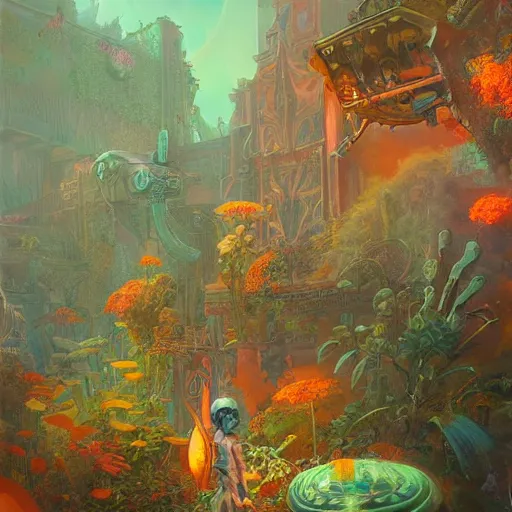 Image similar to dreamlike dieselpunk garden fantasycore, glossy painting, Art Nouveau Cosmic 4k Detailed Matte Illustration featured on Getty Images ,CGSociety, Jade and Carrot orange color scheme, Pastiche by Marc Simonetti, Pastiche by Cedric Peyravernay