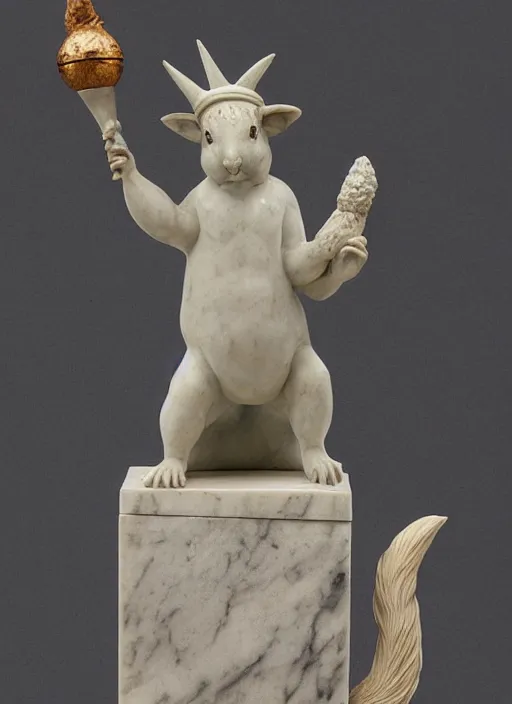 Prompt: A marble statue of a squirrel holding an acorn in the style of Statue of Liberty. museum photo