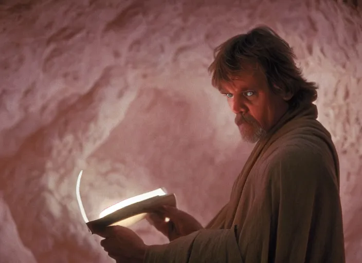 Image similar to detailed photo of Luke skywalker uncovering the secrets of the ancient jedi texts. a glowing book with infinite knowledge, the oracle speaks, a dark pink hazy ethereal cave from Indiana jones, adventure film, screenshot from the 1983 film, Photographed with Leica Summilux-M 24 mm lens, ISO 100, f/8, Portra 400