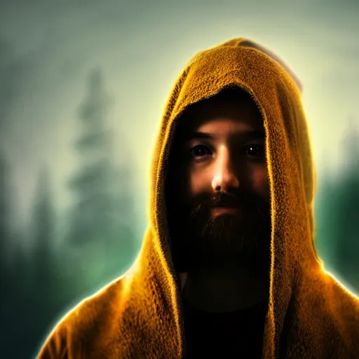 Image similar to portrait of a mysterious wizard with a Hood, bright eyes, fantasy, photorealistic, bokeh, magic lights, cinematic