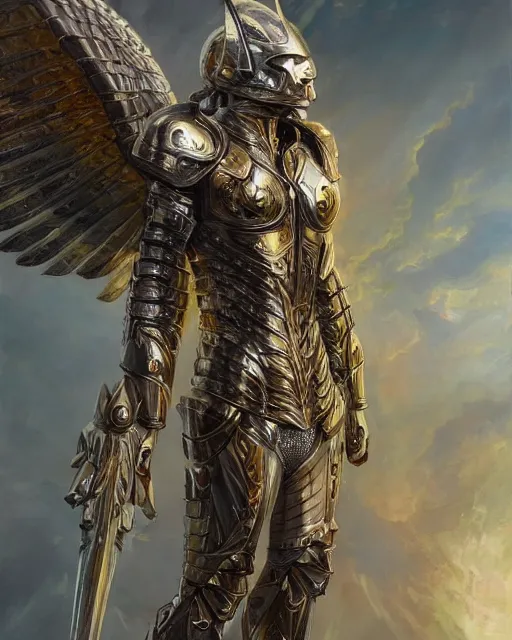 Prompt: The Archangel wearing armor made from bismuth. by Daryl Mandryk and Steve Argyle and Karol Bak and Viktoria Gavrilenko and Tom Bagshaw. Trending on CG society, Trending on artstation, character design, unreal engine.