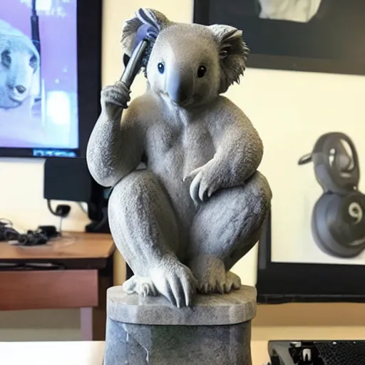 Image similar to “ a marble statue of a koala dj in front of a marble statue of a turntable. the koala has wearing large marble headphones. ”