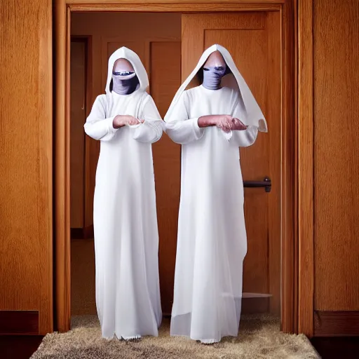 Image similar to award winning photo,two Hovering twin nuns, wearing pointed hoods, buxom chested, blindfolded, wearing translucent veils, see through dress, Very long arms, bedroom, wood door, eerie, frightening, highly detailed, photorealistic, colorized —width 1024 —height 1024