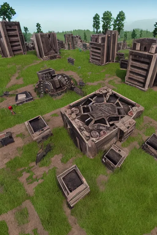Prompt: building a base in valheim, brutalist architecture, in the style of the PC game Valheim