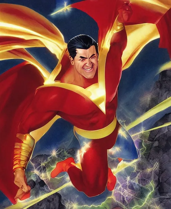 Prompt: an epic, full body shot of shazam standing proudly with his hands of hips, sightly smiling, art by alex ross