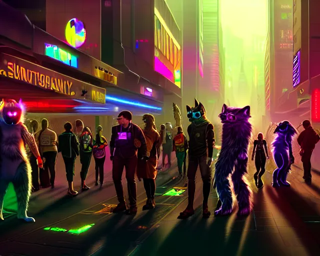 Image similar to high - resolution photograph from a cyberpunk era furry fandom convention ( midwest furfest 2 0 4 7 ), taking place after the genetic revolution and singularity. photorealistic.