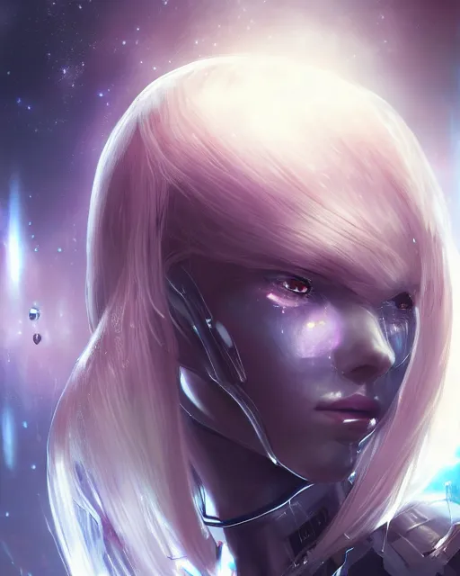 Image similar to beautiful android girl on a mothership, warframe armor, pretty face, scifi, futuristic, galaxy, raytracing, dreamy, perfect, digital painting, long white hair, blue cyborg eyes, sharp focus, intricate, highly detailed, artstation, intricate, innocent, art by gauthier leblanc, kazuya takahashi, huifeng huang