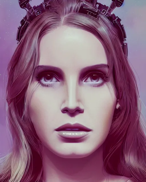 Image similar to portrait of Lana Del Rey as a cyborg. intricate abstract. intricate artwork. by Tooth Wu, wlop, beeple, dan mumford. mulholland drive by david lynch, dune by david lynch, octane render, trending on artstation, greg rutkowski, alex ross. very coherent symmetrical artwork. cinematic, hyper realism, high detail, octane render, 8k, iridescent accents