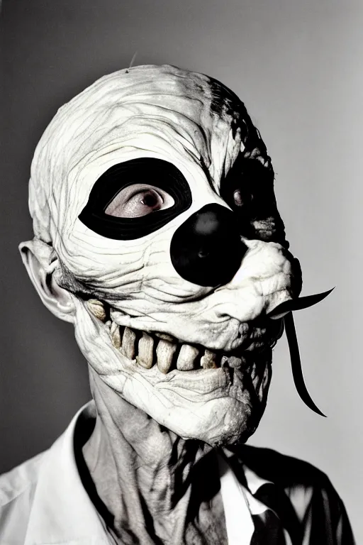 Image similar to portrait photo of an old wrinkled man, skinny face, bony face, long crooked nose, large gaping mouth, black pulcinella mask, masquerade mask, pointy conical hat, white wrinkled shirt, holding pizza, presenting pizza, close - up, skin blemishes, menacing, intimidating, masterpiece by herb ritts