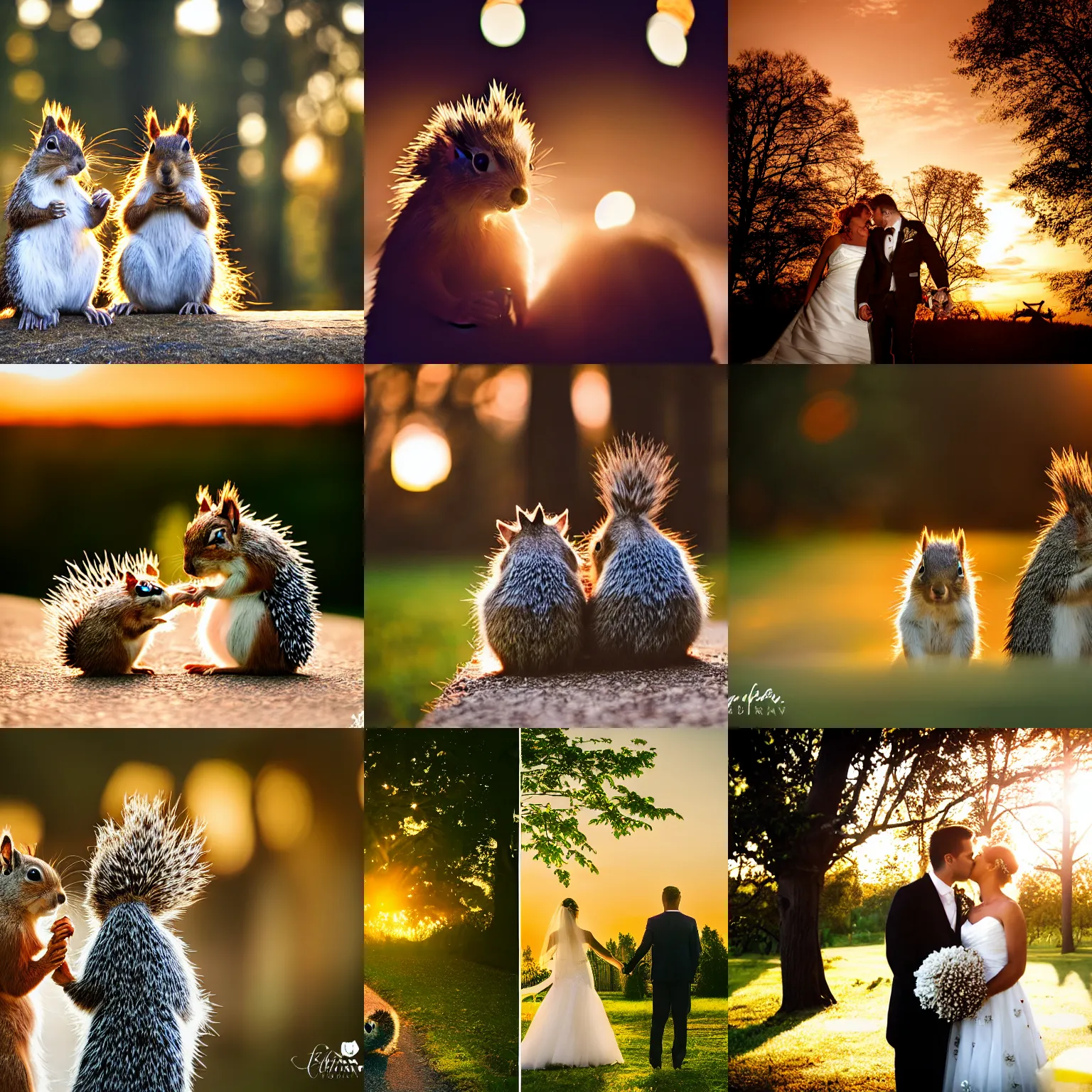 Prompt: wedding of squirrel and hedgehog, professional photography, bokeh, dramatic lighting, sunset