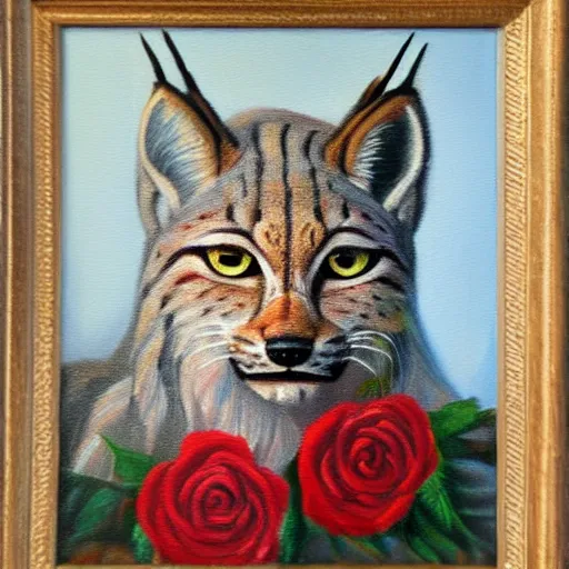 Image similar to an expressive oil painting of a lynx waring a crown!!!!!!! made out of roses, high quality art,