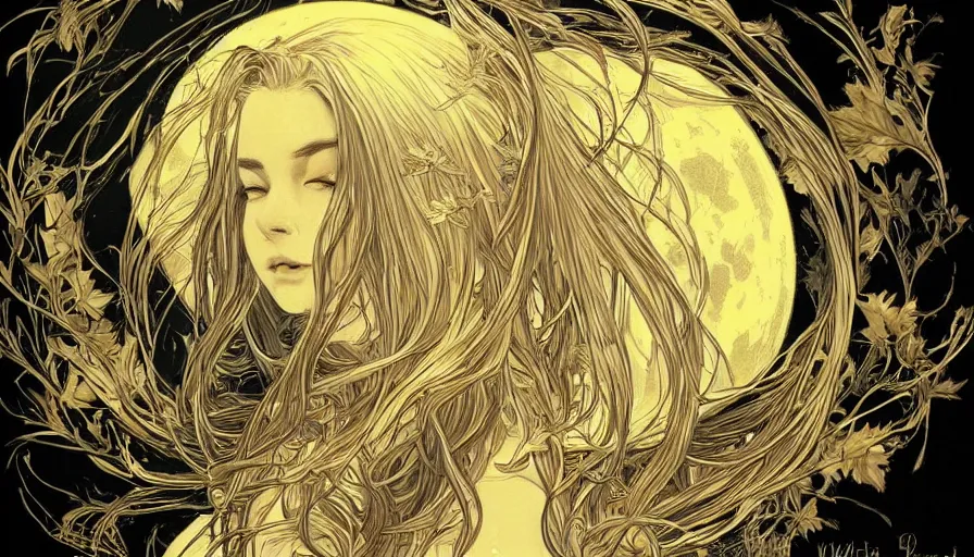 Image similar to golden leaves at frame border, moon, creative!!! composition for a book cover!!!, absurdly beautiful, ultrafine hyperrealistic detailed old!! witch face by wlop and artgerm and alphonse mucha, intricate linework, sharp focus, smooth, octopath traveler, final fantasy, unreal engine, dramatic lighting, ethereal, 8 k