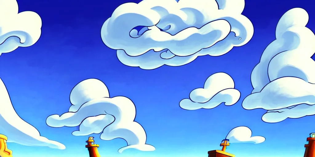 Prompt: cartoon concept art, clean blue sky, spiral cirrus clouds, from sam and max