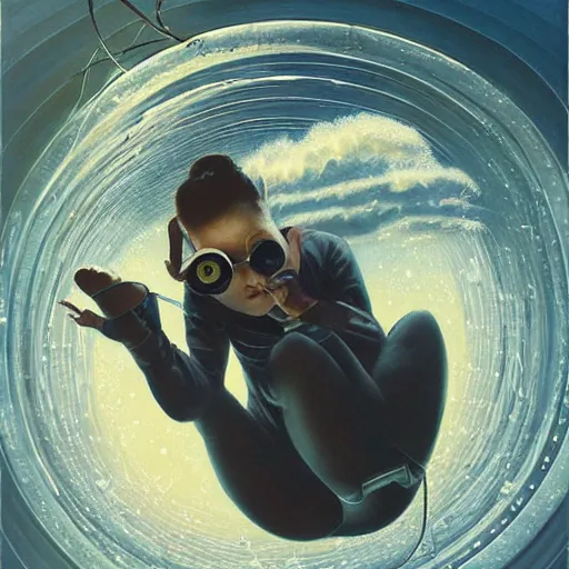 Image similar to woman in flight suit plunging into an abyss, bubbles, currents, dyson sphere, wet reflections, prism, atmospheric, ambient, pj crook, syd mead, livia prima, artgerm, greg rutkowski, nick alm, casey baugh