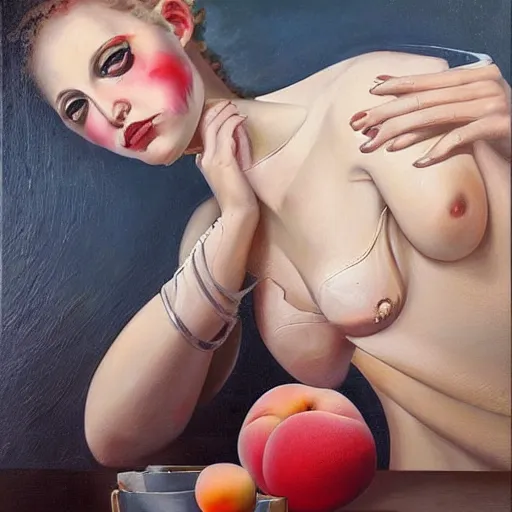 Prompt: by thomas saliot hyperdetailed, improvisational. a beautiful assemblage. in the dream, she is easting a peach, on venus. the flesh is sweet & juicy, slightly bitter. it mingles with sydan's taste in a delicious way.