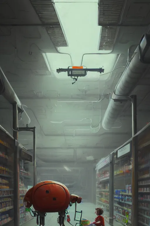 Image similar to mech at supermarket trying to find milk to his son, highly detailed, scifi, fantasy, highly detailed, digital painting, trending on artstation, concept art, sharp focus, illustration, global illumination, shaded, art by simon stalenhag