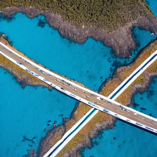 Image similar to single lane bridges winding over wide ocean of bright blue water, birds eye view