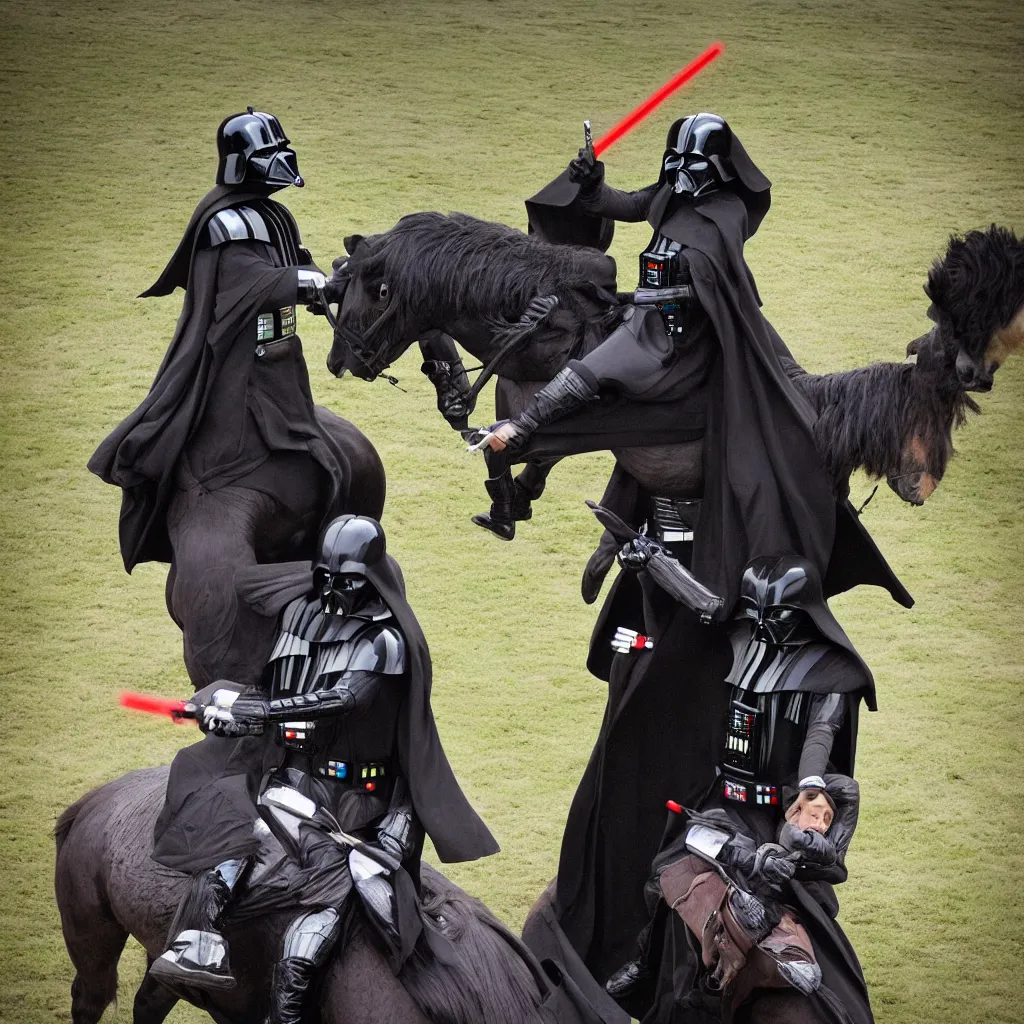 Prompt: Darth Vader rides on a horse and the horse has a Head in the shape of Frodo beutlin the hobbit, hobbit, hobbit, hobbithead