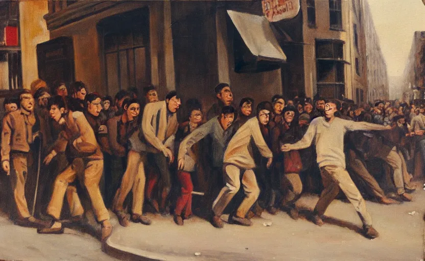 Image similar to ernst ludwig painting of a frightened young man in a street surrounded by people who have no eyes. people are starting at crt televisions on the corner s 1 5 0