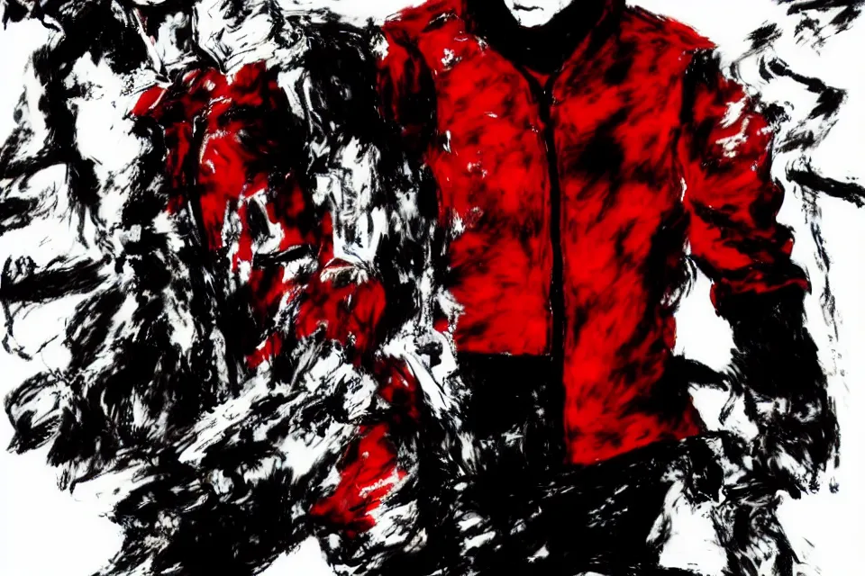 Image similar to a full - body portrait of kaneda from akira in a red jacket, in yoji shinkawa's art style, metal gear solid art style highly detailed, 4 k, artistic, white background, b & w