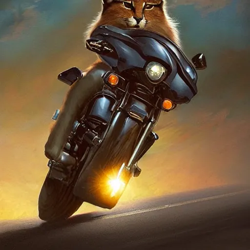 Prompt: cute fluffy caracal riding a harley motorcycle, road, sunset. adventurous, atmospheric lighting, stunning. by ted nasmith, gaston bussiere, craig mullins, j. c. leyendecker, rossdraws, james jean, andrei riabovitchev, marc simonetti, krenz cushart, trendig on artstation, digital art